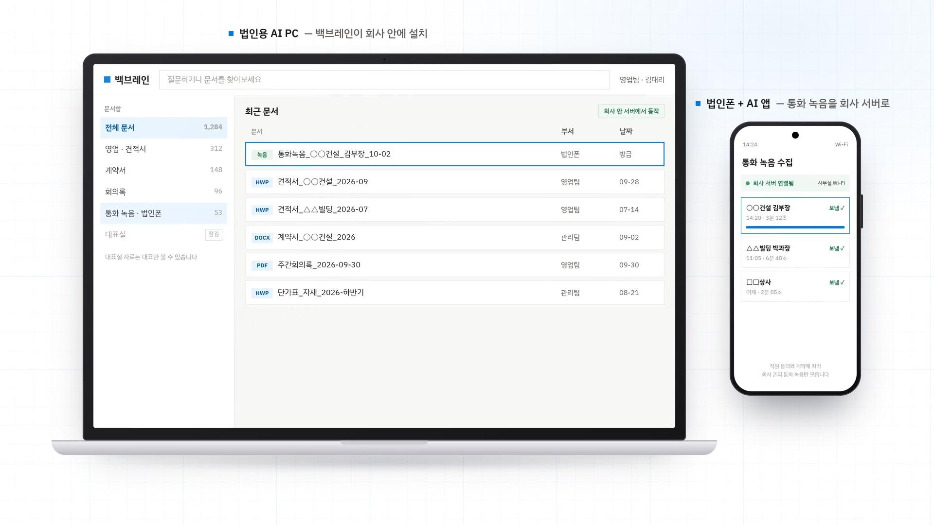 백브레인 화면 예시 - 법인용 AI PC 와 법인폰